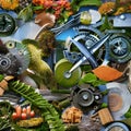 A digital collage of nature and technology, with natural elements fused with mechanical components, blending the organic and the