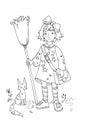Digital coloring book illustration with pretty girl witch and her cat