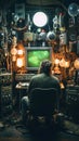 Digital Command Center: Man Engaged in a Room of Computers and Technology