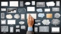 Digital Communication Concepts With Hand Touching a Blank Screen Among Various Sketch-Style Devices on a Chalkboard Royalty Free Stock Photo