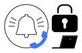 Phone Notification, Security Lock, and Laptop Icons Communication and Data Protection Concepts Royalty Free Stock Photo
