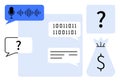 Digital Communication Icons Featuring Binary Code, Speech Bubbles, and Financial Dollar Sign Royalty Free Stock Photo