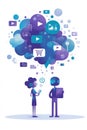 Digital communication illustrated through characters and abstract cloud of online icons Royalty Free Stock Photo