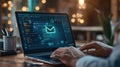 Digital communication interface on laptop, user interacting with email graphics