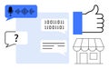 Digital Communication Symbols with Voice Input, Binary Code, Feedback, and Online Store Icon Royalty Free Stock Photo