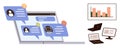 Digital Communication via Chat on Laptop with Graphs and Multi-Screen Display Royalty Free Stock Photo