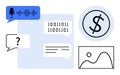 Digital Communication with Voice, Binary Data, Chat, Finance, and Visual Analytics Symbols Royalty Free Stock Photo