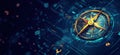 Digital compass with futuristic design, glowing elements, intricate details, technology background, navigation concept