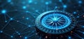 Digital compass navigates abstract network grid. Futuristic device finds direction on glowing data connections. Cyber tech guides Royalty Free Stock Photo