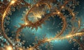 digital complex, abstract floral pattern in shades blue and gold, with intricate, overlapping branches and