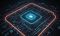 digital complex circuit board with central square containing glowing blue light, surrounded by network orange