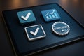 Digital compliance and approvals conceptual representation on a tablet displaying checkmarks and data visualization symbols Royalty Free Stock Photo