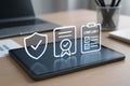 Digital compliance concept showing certification and security illustrated on a modern tablet device with data privacy and approved Royalty Free Stock Photo