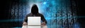 Anonymous hacker with computer code binary interface Royalty Free Stock Photo