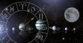 Astrology zodiac with planets in space and moon