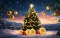 Digital composite of Bitcoin and christmas tree against snowy landscape with fir trees