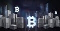 Bitcoin icon and binary code lines above city Royalty Free Stock Photo