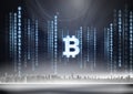 Bitcoin icon and binary code lines above city Royalty Free Stock Photo