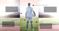 Blank infographic panels and Soccer player on grass with stadium Royalty Free Stock Photo