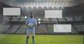 Blank infographic panels and Soccer player holding football in stadium Royalty Free Stock Photo