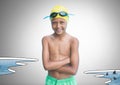 Boy against grey background with swimming gear and water pool with sharks