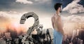 Broken concrete stone with Question symbol and man in cityscape Royalty Free Stock Photo