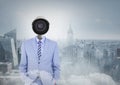 Businessman with CCTV head with city skyline Royalty Free Stock Photo