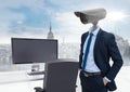 Businessman with CCTV head in office above city skyline Royalty Free Stock Photo