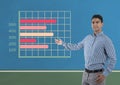 Businessman explaining with colorful grid chart statistics