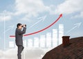 Businessman on ladder with binoculars over roof and incremented bar chart Royalty Free Stock Photo