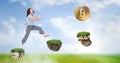 Businesswoman collecting bitcoins jumping on game platforms in sky Royalty Free Stock Photo