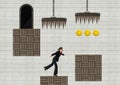 Businesswoman in Computer Game Level with coins and traps