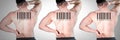 Clone men in row with barcodes on backs Royalty Free Stock Photo
