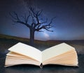 Digital composite concept image of open book wth Vibrant Milky Way composite image over landscape of Beautiful field of rapeseed Royalty Free Stock Photo