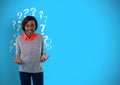 Confused or surprised woman with question marks on blue background