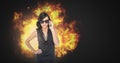 Cool woman in sunglasses with burning fire flames Royalty Free Stock Photo