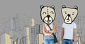 Couple with bear animal head faces in city Royalty Free Stock Photo
