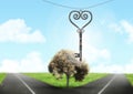 3D Heart Key floating over parting road