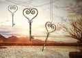 3D Heart Keys floating over mountains and tree landscape