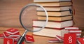 3D Magnifying glass over books with section symbol icons Royalty Free Stock Photo