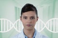 Doctor woman standing with DNA strand Royalty Free Stock Photo