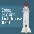 Digital composite of enjoy national lighthouse day text and lighthouse against clear blue sky