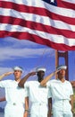 Digital composite: Ethnically diverse American sailors, American flag, Golden Gate Bridge