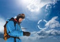 Explorer Man dressed in outdoors gear and clothes with cold sky interface