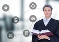 Female judge against blurry grey office with grey interface Royalty Free Stock Photo