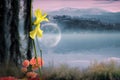 Digital composite of flowers against misty surrel landscape.