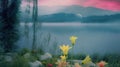 Digital composite of flowers against misty surrel landscape. Royalty Free Stock Photo