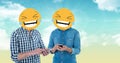 Digital composite of friends with laughing emojis on faces using smart phones