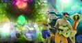 Fun Summer friends playing guitar with geometric party lights venue atmosphere Royalty Free Stock Photo