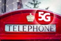 5G or LTE presentation. London Traditional red telephone box, K2 WITH 5g WORD